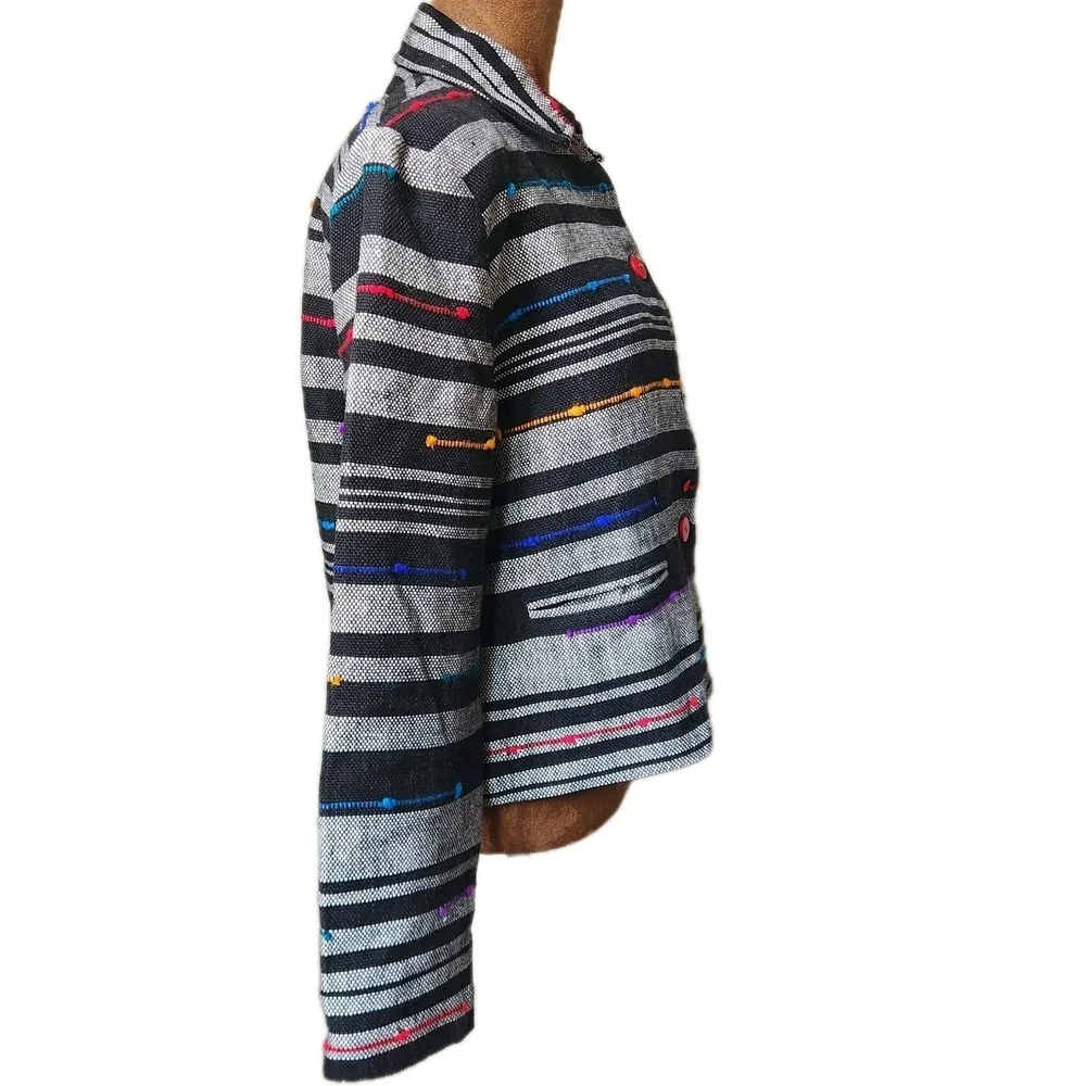 Vintage Ana's Fashion Button Up Boxy Jacket Striped Multicolor Black White Women